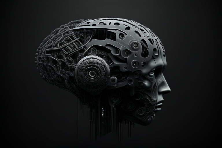 Futuristic human head brain with robotic parts dark moody