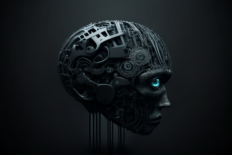 Futuristic human head brain with robotic parts dark moody