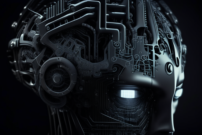 Futuristic human head brain with robotic parts dark moody closeup