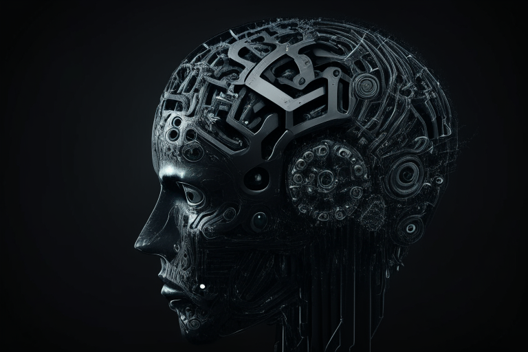 Futuristic human head brain with robotic parts dark moody closeup