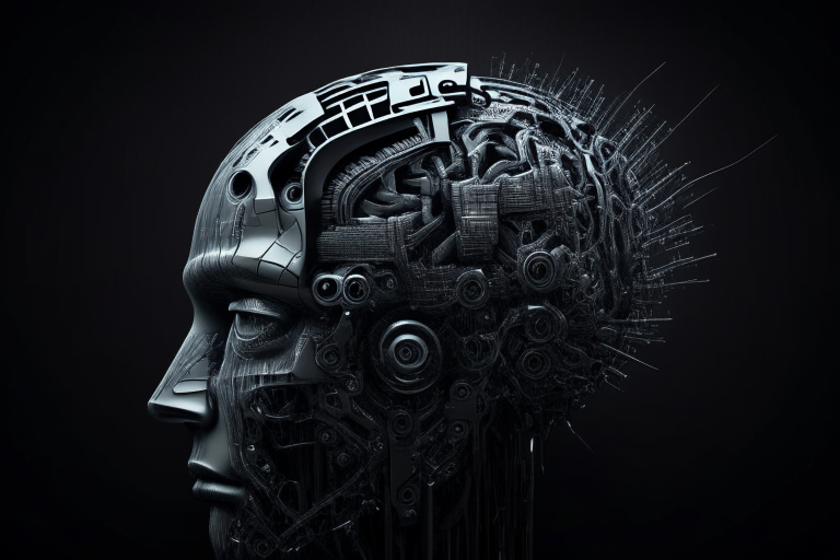 Futuristic human head brain with robotic parts dark moody closeup