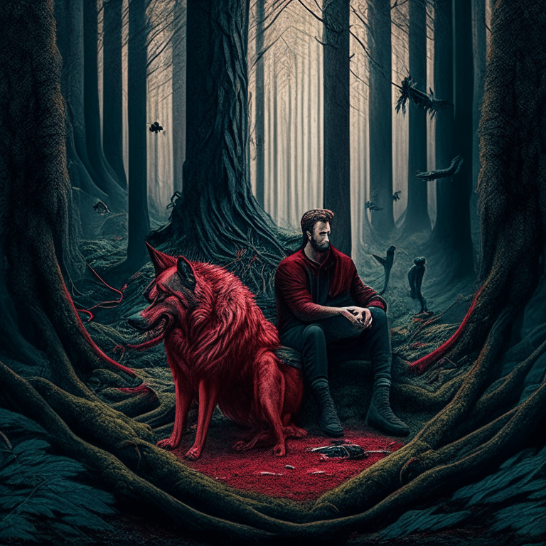 a philosopher and his dog calmly sitting in the middle of a red wood forest surrounded by evil beast that surround them in a hyper-realistic mythical image