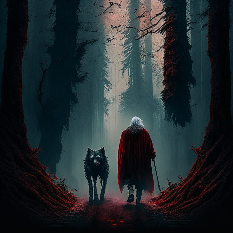 an old philosopher and his wolf-like dog  facing away from the camera walking through a luscious redwood forest that is haunted by evil creatures that look like black clouds of smoke and have evil deep red eyes