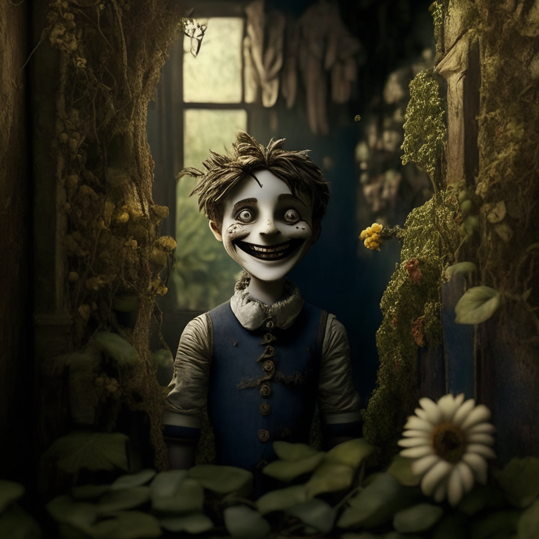 A puppet boy smiling in the Backroom infinite garden 