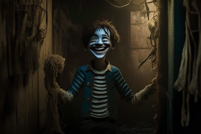 A puppet boy smiliing in a Backroom called infinit garden
