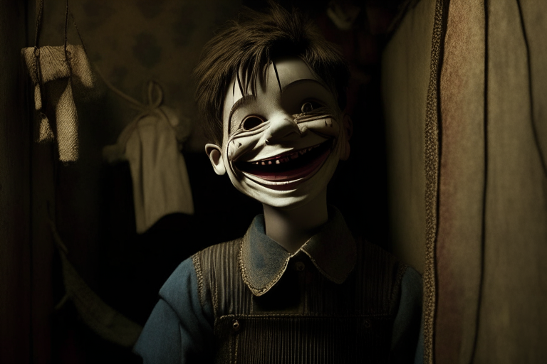 A puppet boy smiling, he is in a backroom 