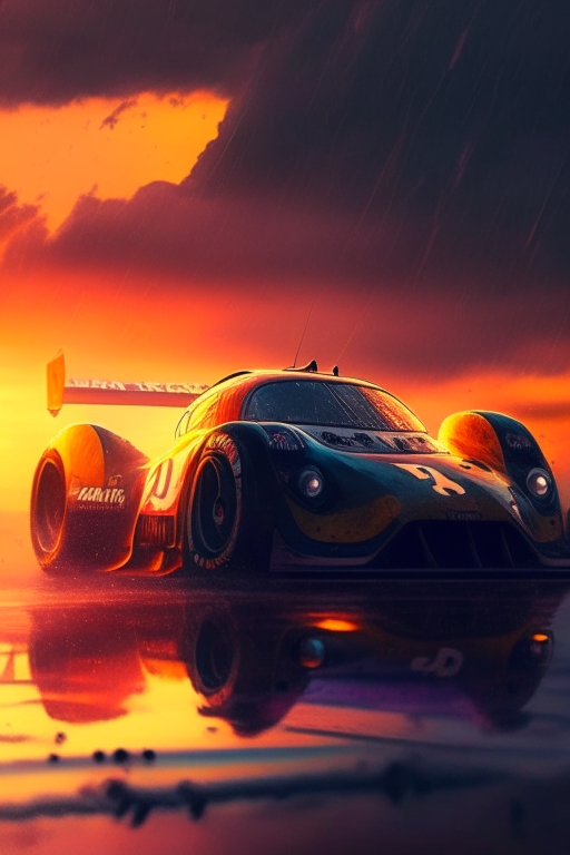 A racing car with sunset baground with the rain 