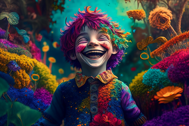 A colorful puppet boy smiling in a infinit garden