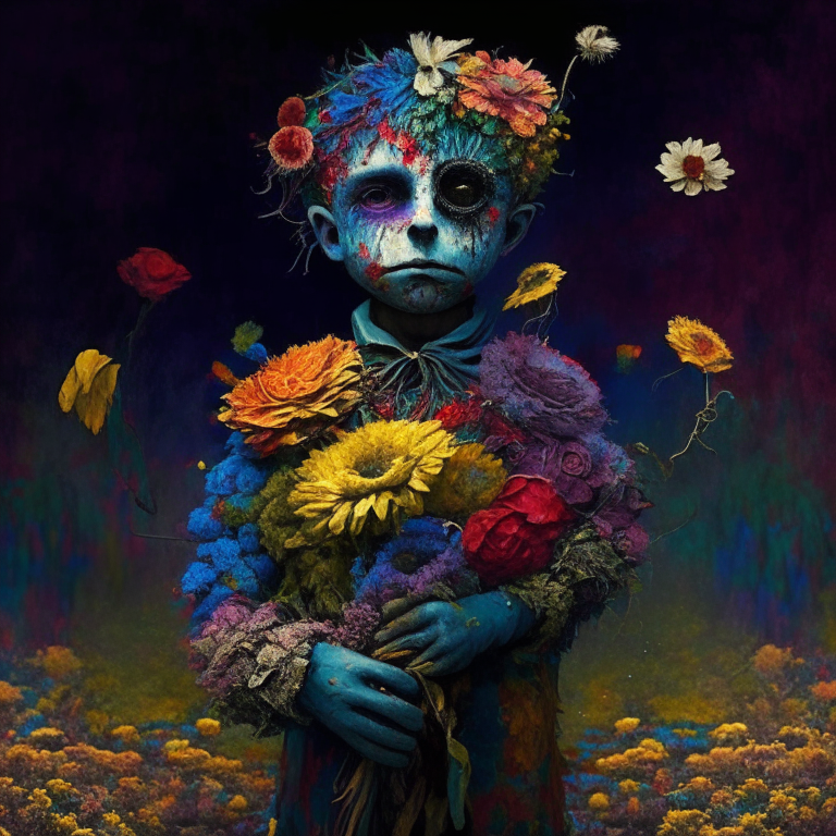 a colorful puppet boy in a garde, the flowers wither and he looks with hate