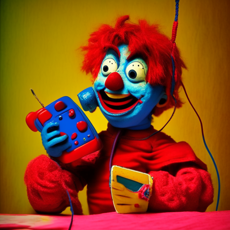 A colorful puppet boy doing phone calls, with a red phone, the puppet looks happy