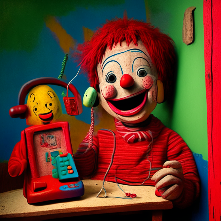 A colorful puppet boy doing phone calls, with a red phone, the puppet looks happy, he is in a house