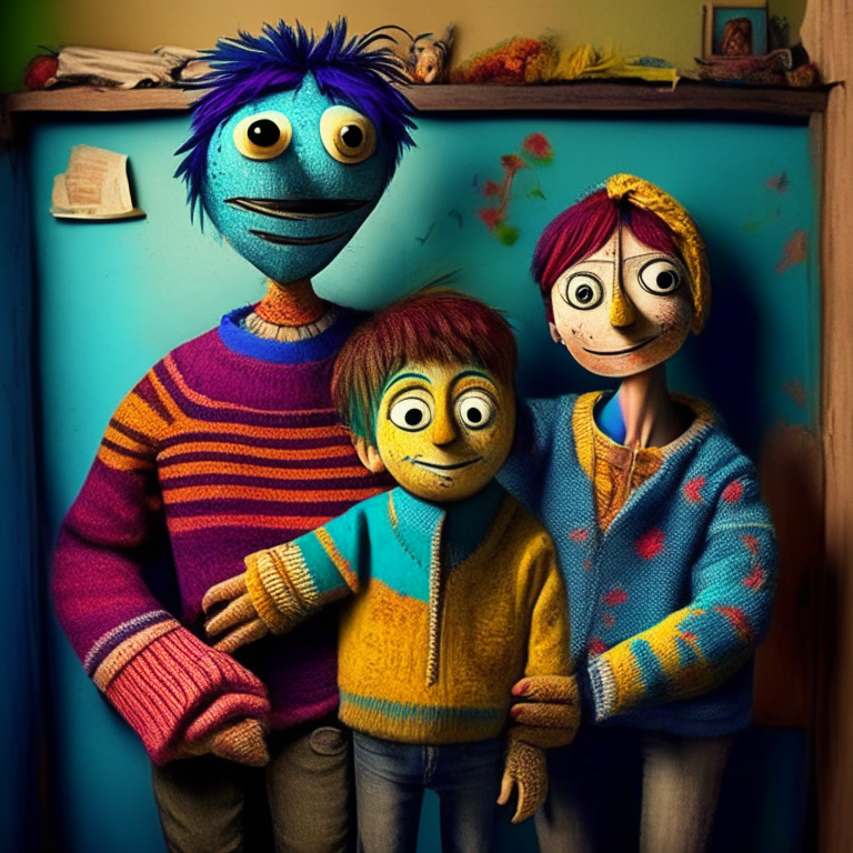 A colorful puppet boy with is parents but they are real humans, they are in a house, they are happy 