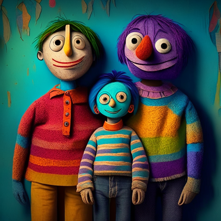 A colorful puppet boy with is parents, his parents are real humans, they are in a house, they are happy 