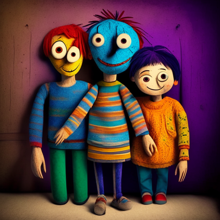 A colorful puppet boy with is parents, his parents are humans, they are in a house, they are happy 