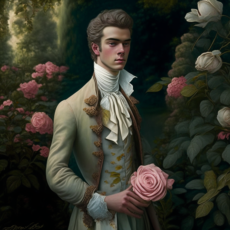 A young man dressed in fine clothes of the 18th century, he looks gently, hi is in a rose garden