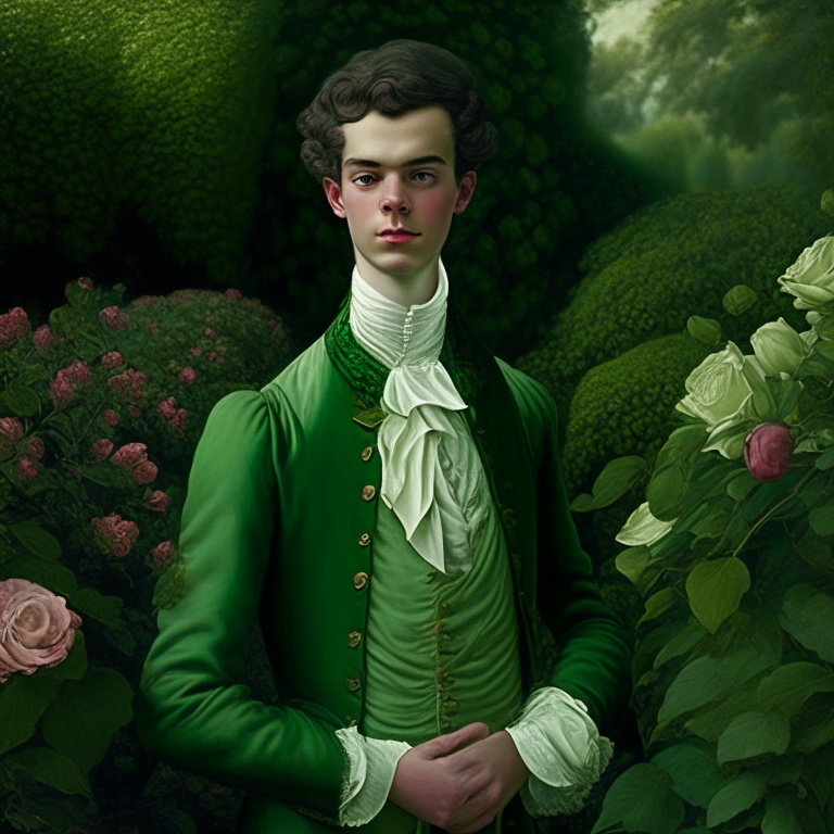 A young man dressed in green fine clothes of the 18th century, he looks gently, hi is in a rose garden