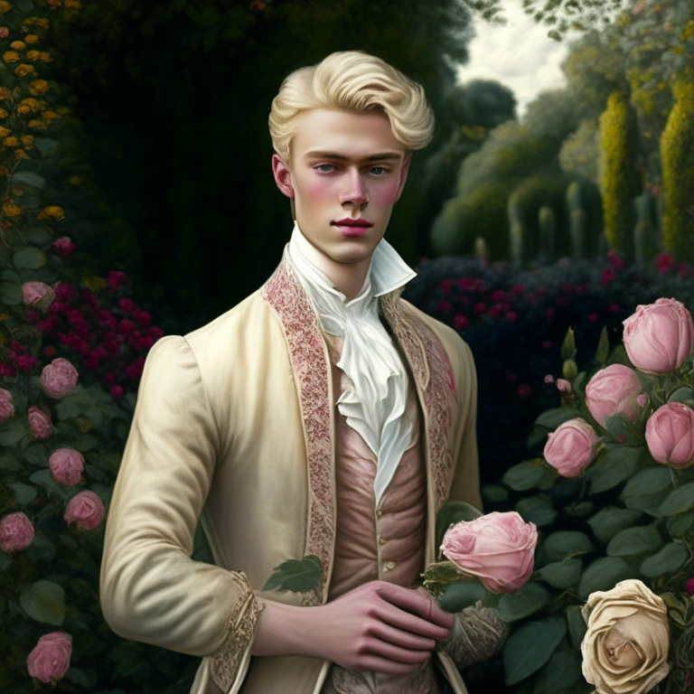 A young man dressed in fine clothes of the 18th century, he looks gently, hi is in a rose garden, he is blonde 