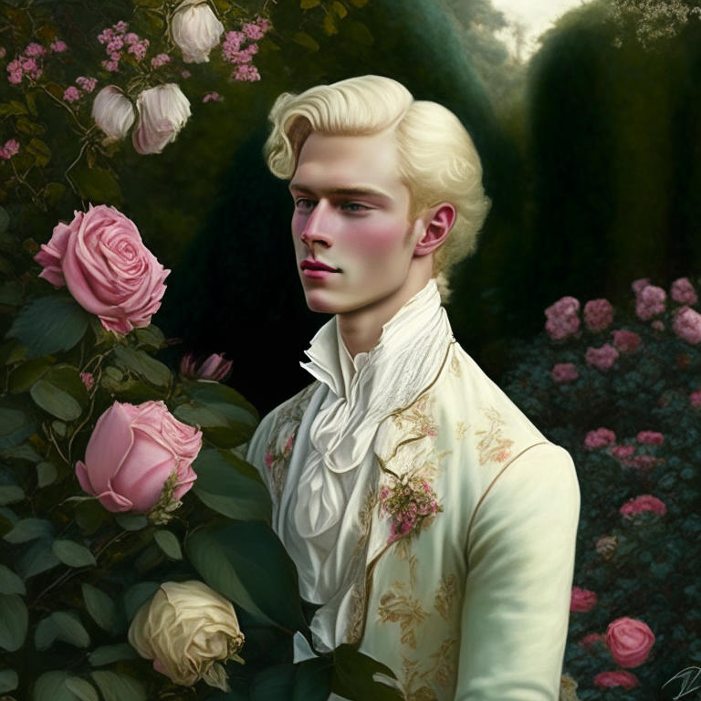 A young man dressed in fine clothes of the 18th century, he looks gently, hi is in a rose garden, he is blonde 