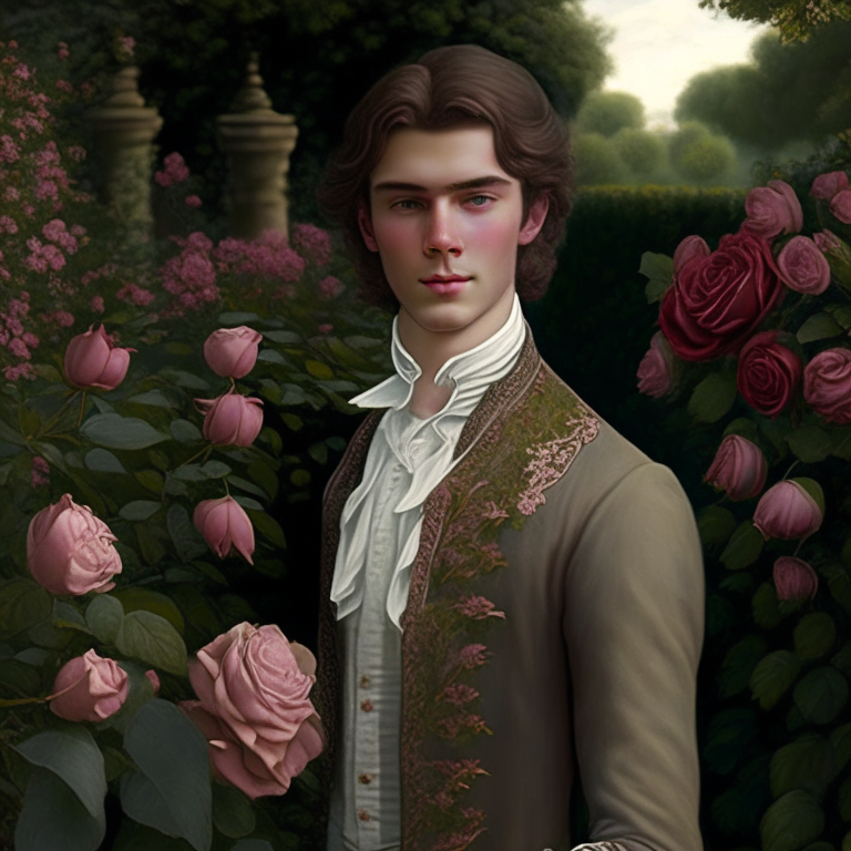 A young man dressed in fine clothes of the 18th century, he looks gently, hi is in a rose garden, he has brown hair 