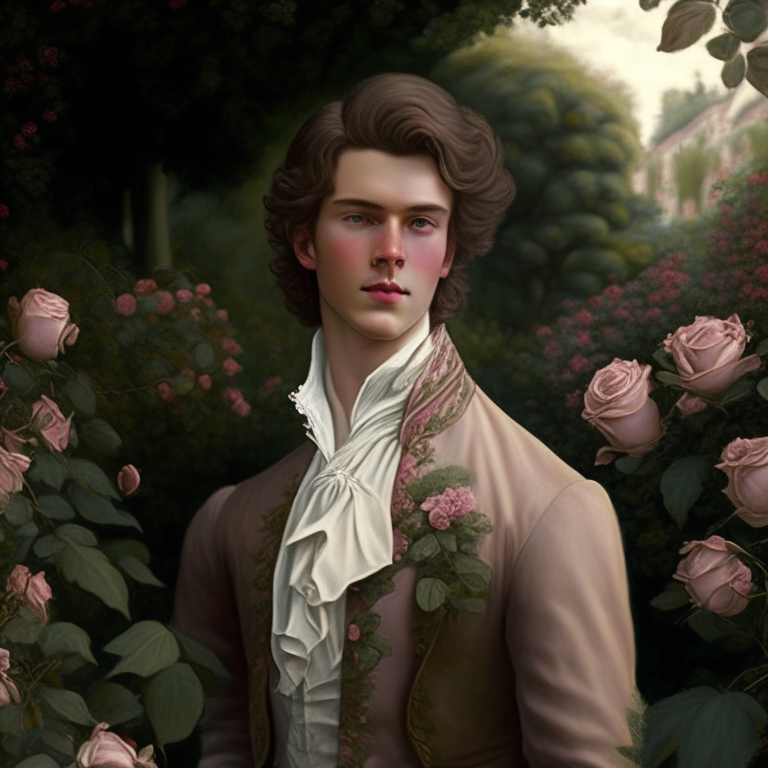 A young man dressed in fine clothes of the 18th century, he looks gently, hi is in a rose garden, he has brown hair 