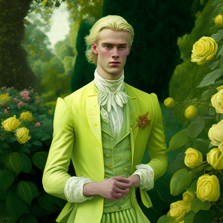 A young man dressed in lemon green fine clothes of the 18th century, he looks gently, hi is in a rose garden, he is blonde