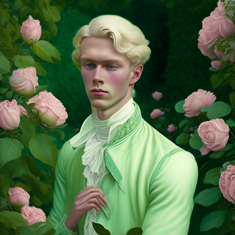 A young man dressed in pastel green fine clothes of the 18th century, he looks gently, hi is in a rose garden, he is blonde