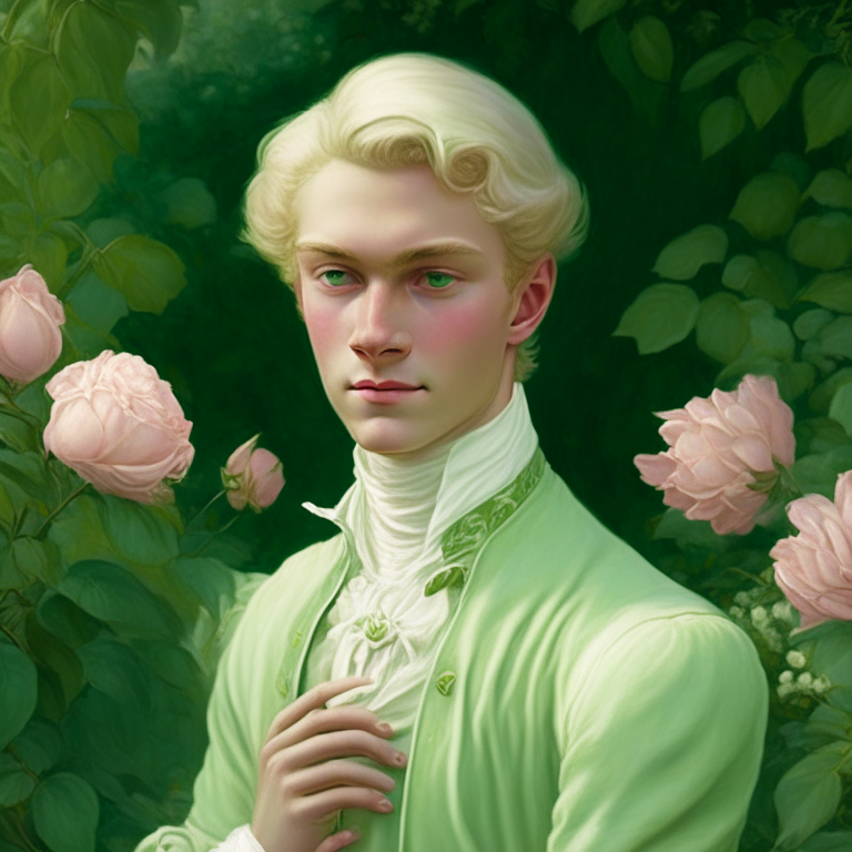 A young man dressed in pastel green fine clothes of the 18th century, he looks gently with a slight smile, hi is in a rose garden, he is blonde