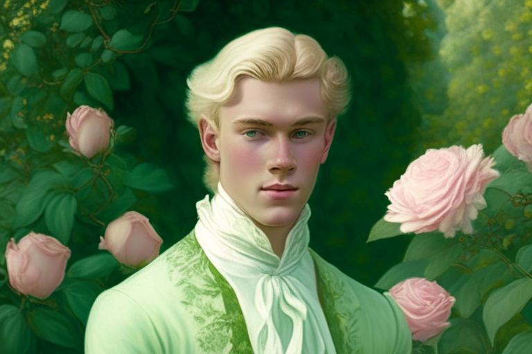 A young man dressed in pastel green fine clothes of the 18th century, he looks gently with a slight smile, hi is in a rose garden, he is blonde