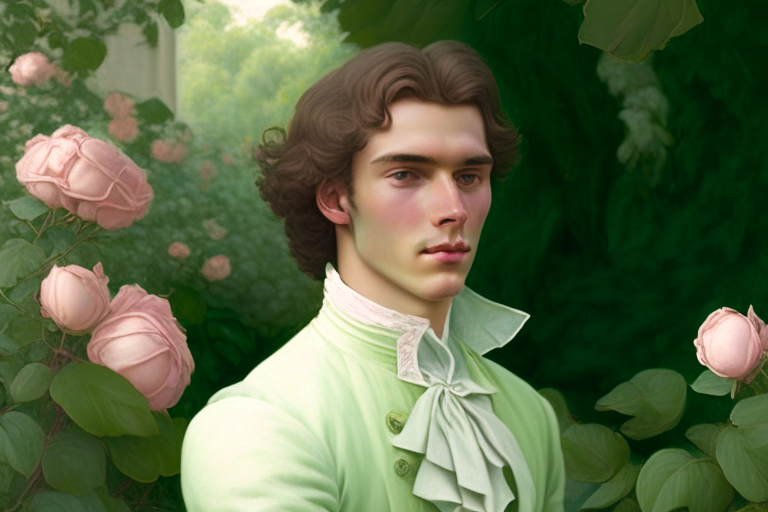 A young man dressed in pastel green fine clothes of the 18th century, he looks gently with a slight smile, hi is in a rose garden, he has brown hair