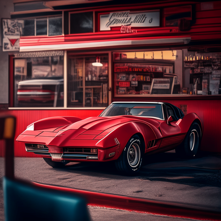 A red 1979 corvette parked in an old fashioned burger joint