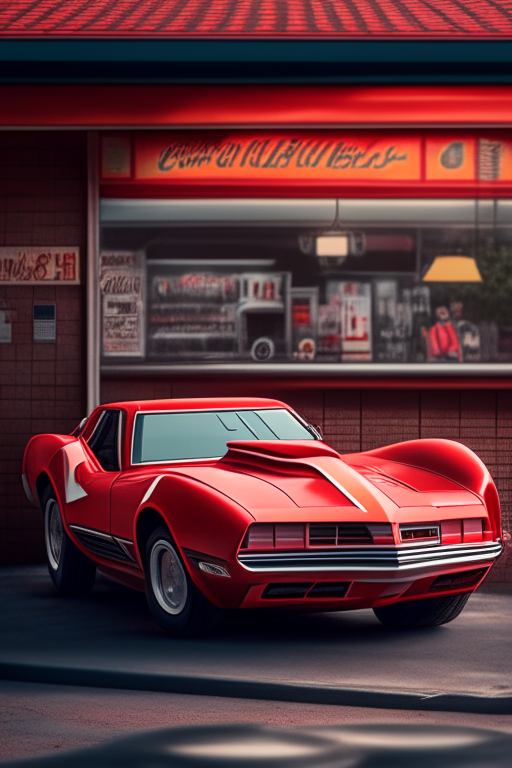 A red 1979 corvette parked in an old fashioned burger joint