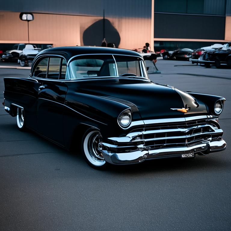 a black 57 chevy parked in a parking lot