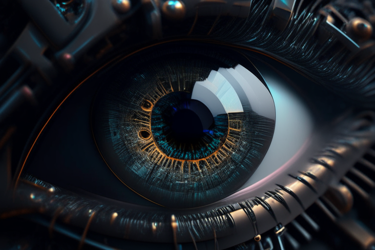 Human eye closeup with futuristic machine parts dark moody