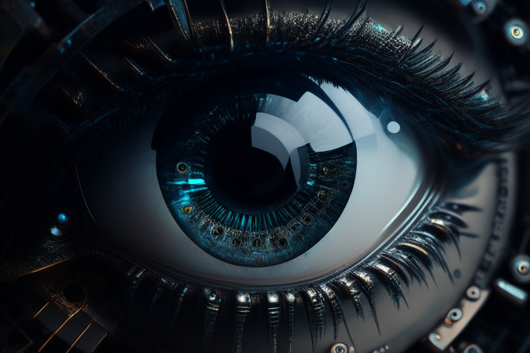 Human eye closeup with futuristic machine parts dark moody