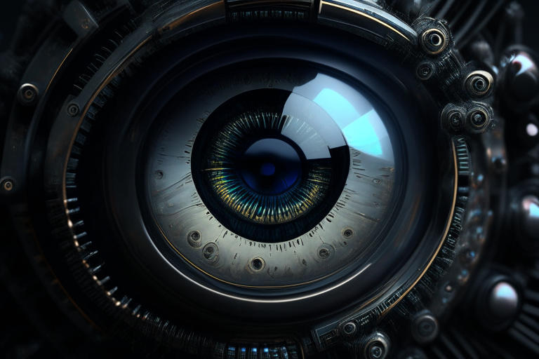 Human eye closeup with futuristic machine gear parts dark moody