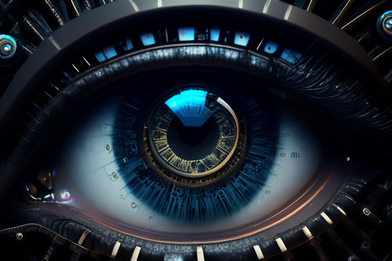 Human eye closeup with futuristic machine gear parts dark moody