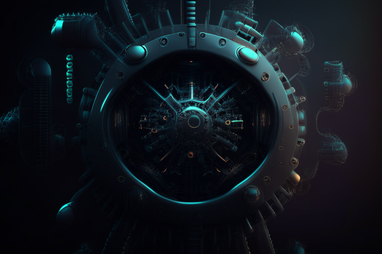 Human cell closeup with futuristic machine gear parts dark moody
