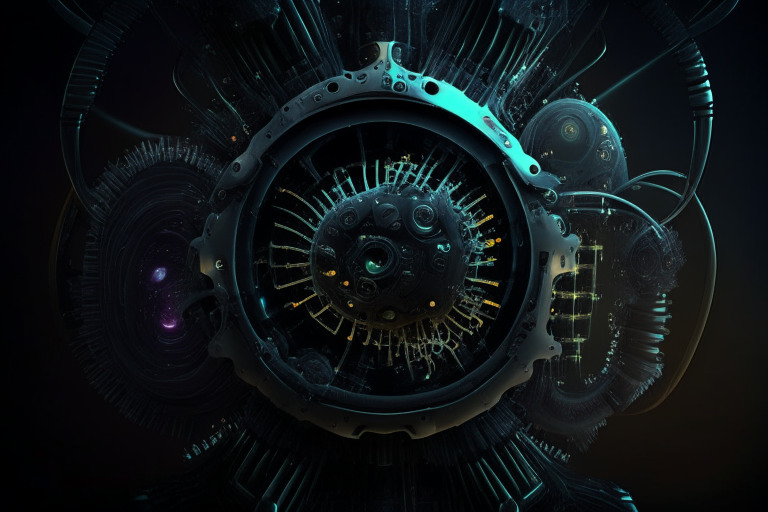 Human cell closeup with futuristic machine gear parts dark moody