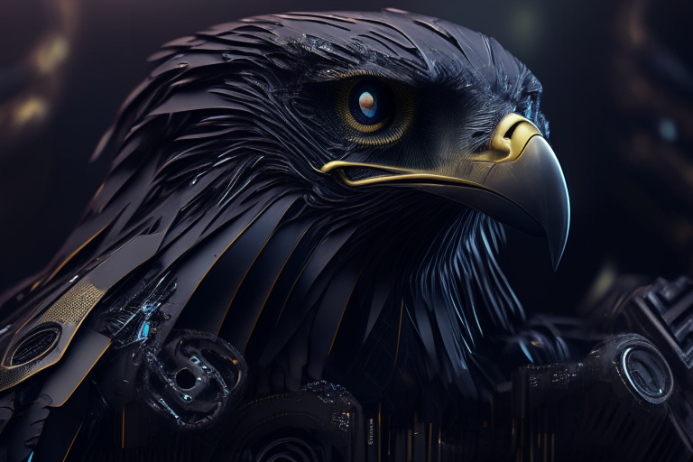 Eagle closeup with futuristic machine parts dark moody