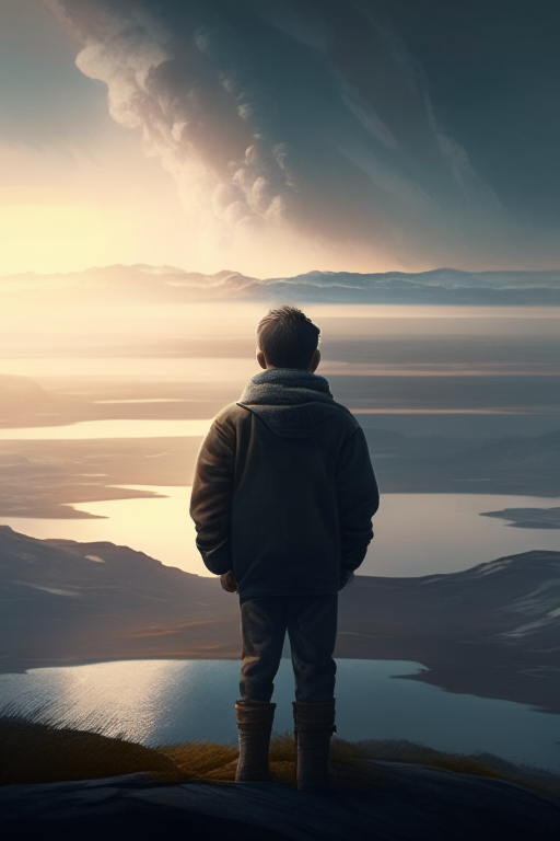 A father holding a son with beautiful view,climate ,cinematic visuals 