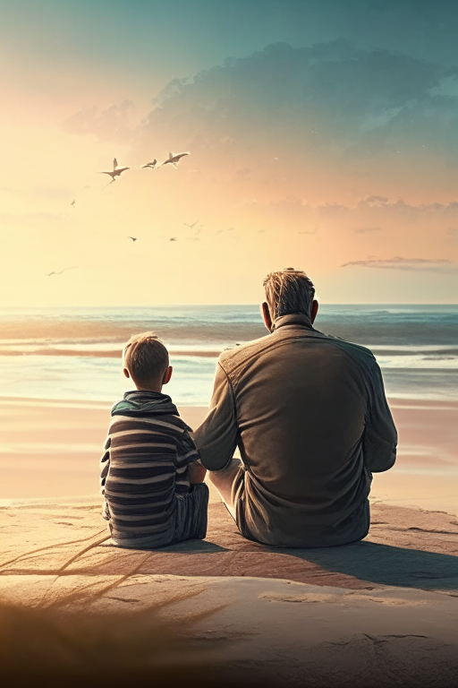 A father and  a son  sitting in beach with beautiful view,climate ,cinematic visuals 