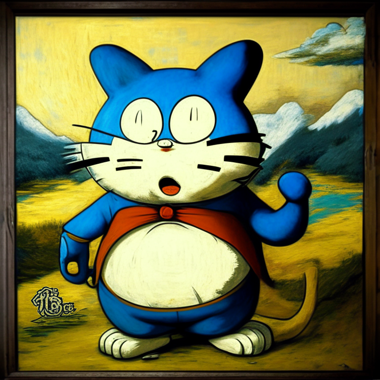 the character Doraemon in Van Gohg style