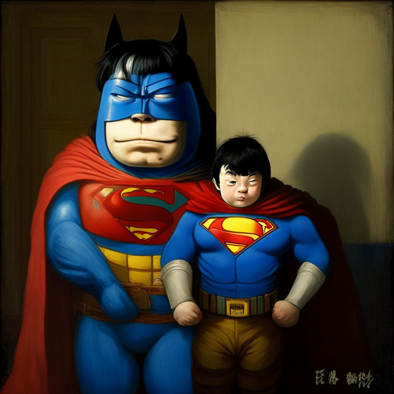 Superman and Doraemon in rembrandt style