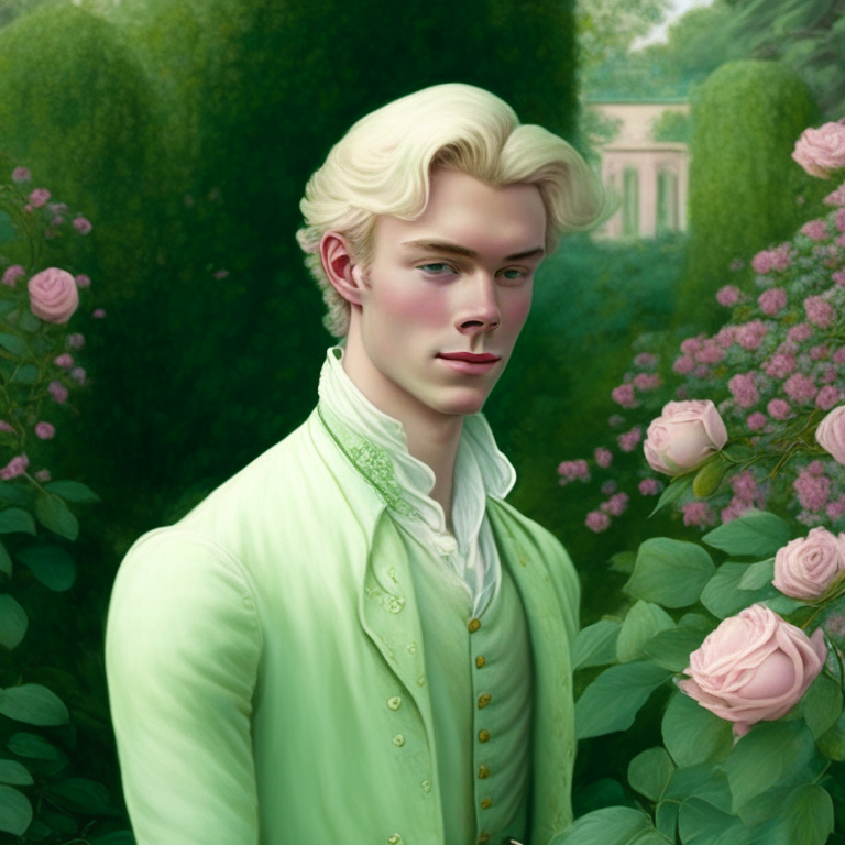 A young man dressed in pastel green fine clothes of the 18th century, he looks gently with a slight smile, hi is in a rose garden, he is blonde