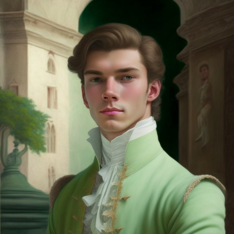 A young man dressed in pastel green fine clothes of the 18th century, he looks gently with a slight smile, hi is in a castle, he has brown hair