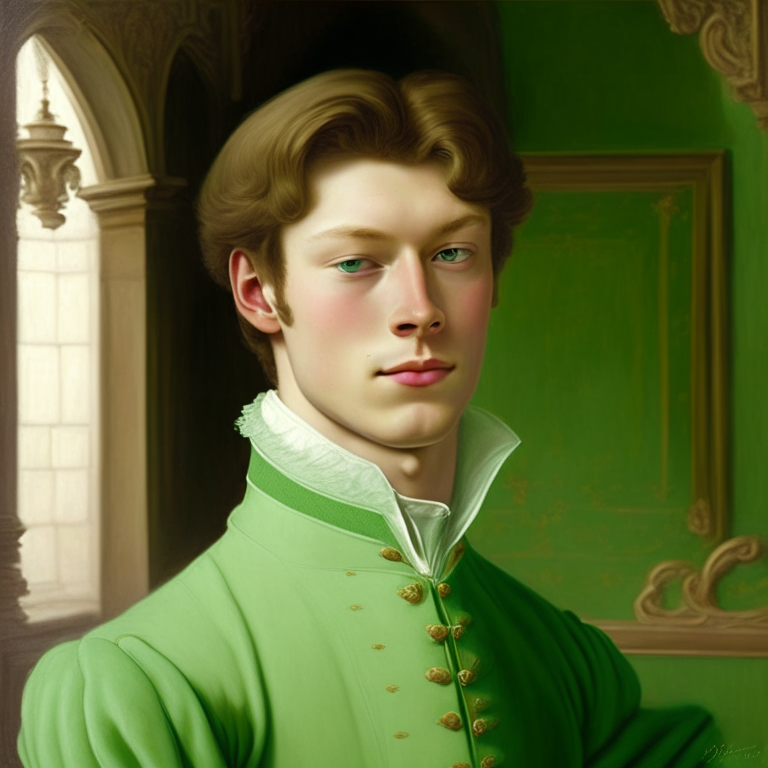 A young man dressed in pastel green fine clothes of the 18th century, he looks gently with a slight smile, hi is in the Hohenzollern castle, he has brown hair