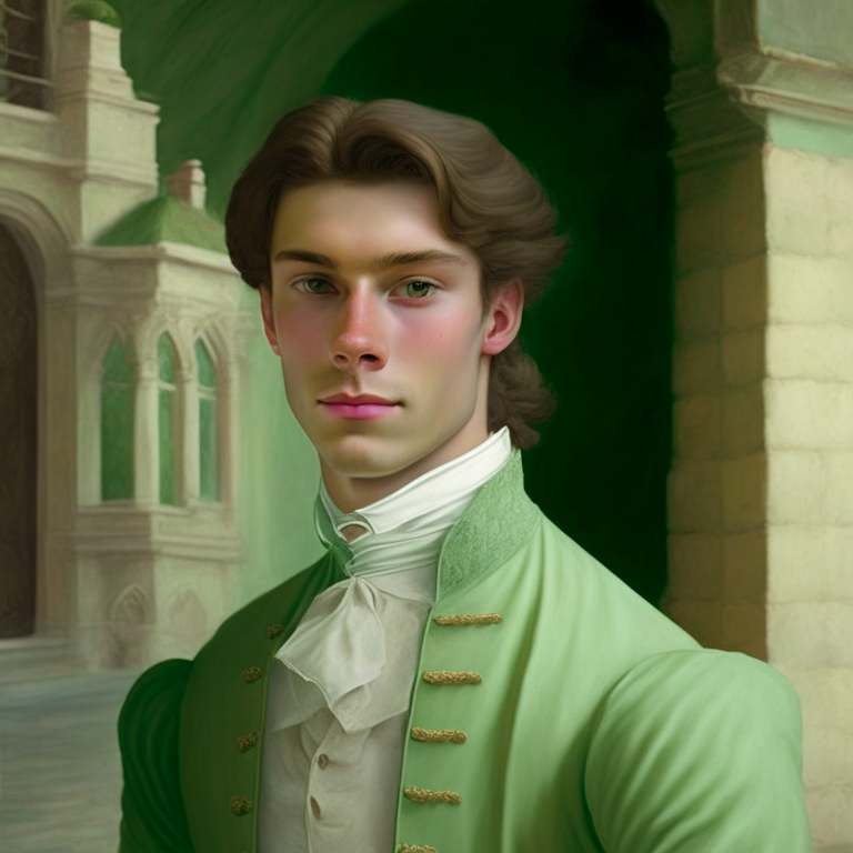 A young man dressed in pastel green fine clothes of the 18th century, he looks gently with a slight smile, hi is in a castle, he has brown hair