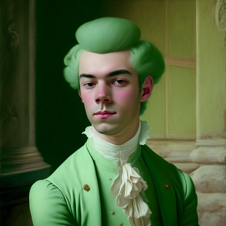 A young man dressed in pastel green fine clothes of the 18th century, he looks gently with a slight smile, hi is in a castle, he has a 18th century wig