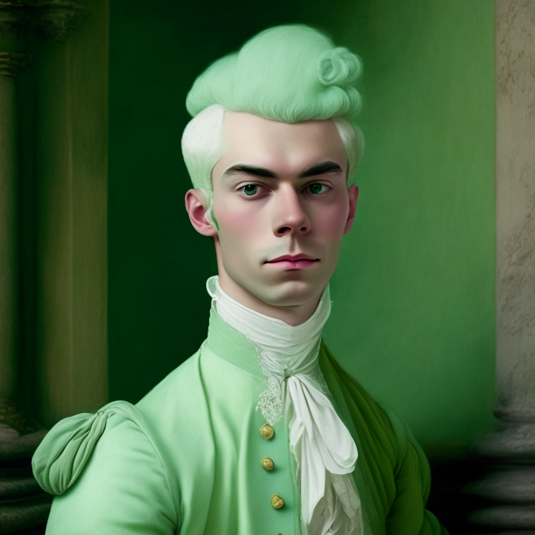 A young man dressed in pastel green fine clothes of the 18th century, he looks gently with a slight smile, hi is in a castle, he has a 18th century white wig