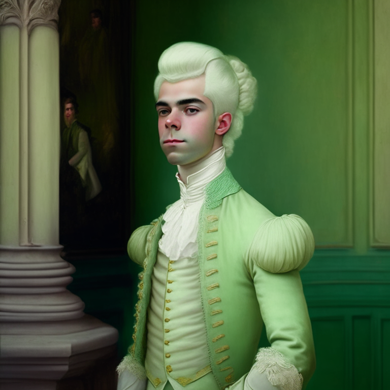 A young man dressed in pastel green fine clothes of the 18th century, he looks gently with a slight smile, hi is in a castle, he has a 18th century white wig, full body 